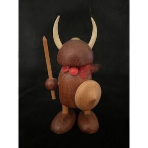 Vintage MCM Teak Wood Viking Figurine Holding Spear And Shield Danish Teak Art